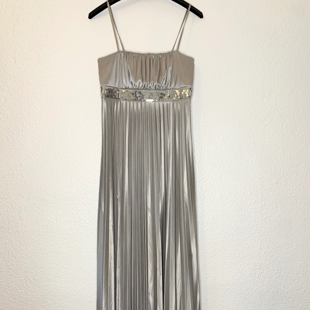 Silver Satin Pleated Maxi Dress | Embellished Formal Gown